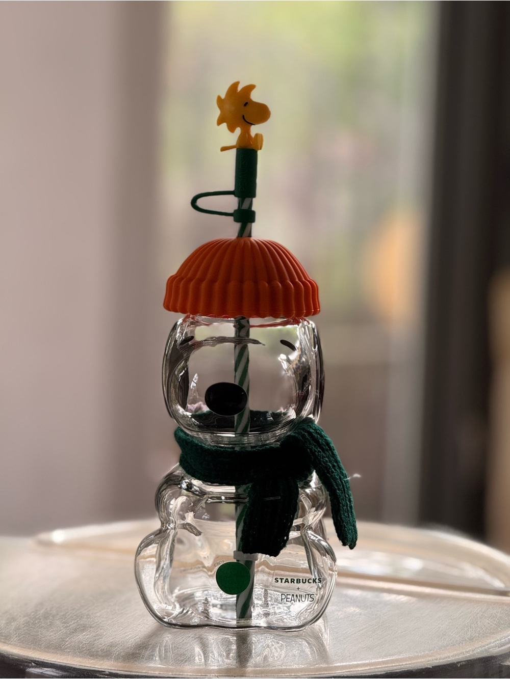 Starbucks Snowman Tumbler with Orange Lid and Green Scarf
